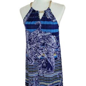 Mlle Gabrielle Blue Stripe Paisley Halter Mini Shift Dress Size Medium